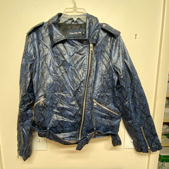 Calvin Klein Jeans Faux Leather Python Print Womens Moto Jacket XL - Picture 3 of 9